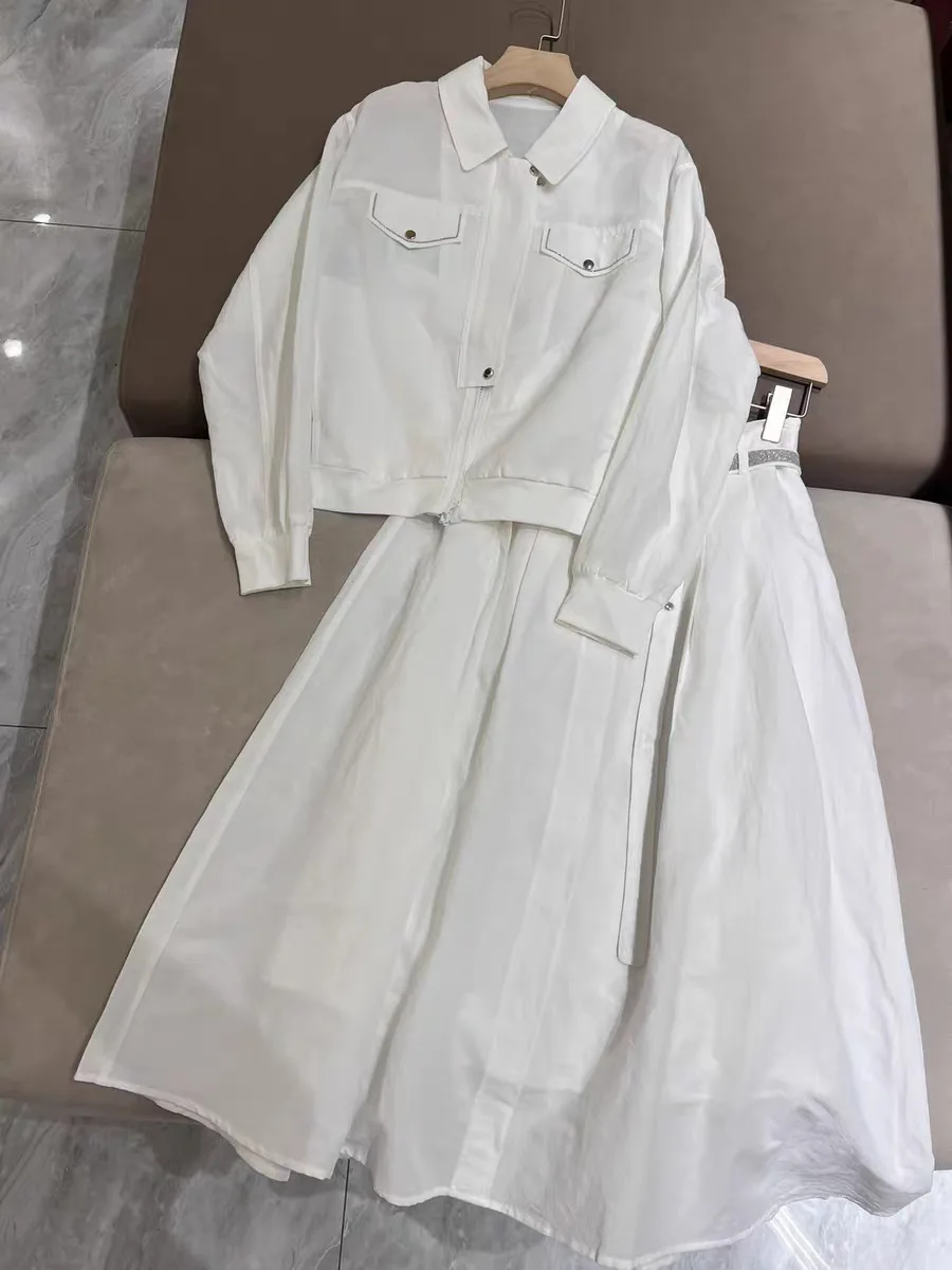 

Women White Set Zipper Turn-down Collar Long Sleeve Jacket or Beaded Belt High Waist A-Line Midi Skirt