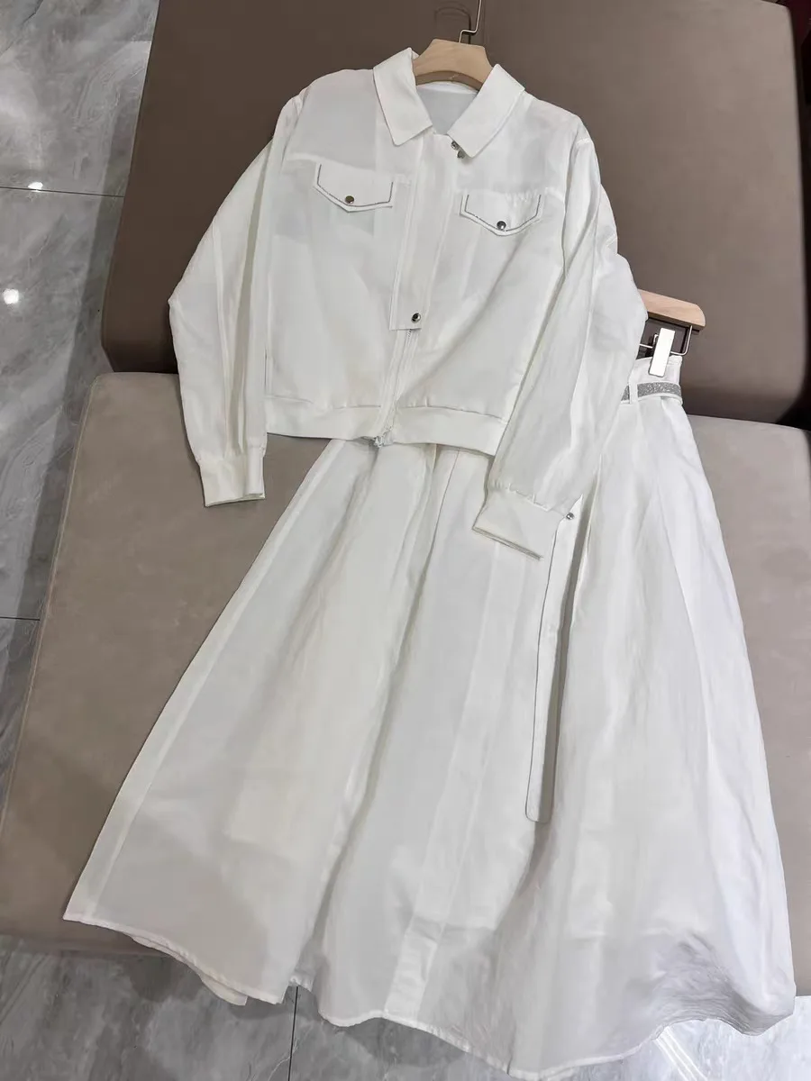 Women White Set Zipper Turn-down Collar Long Sleeve Jacket or Beaded Belt High Waist A-Line Midi Skirt