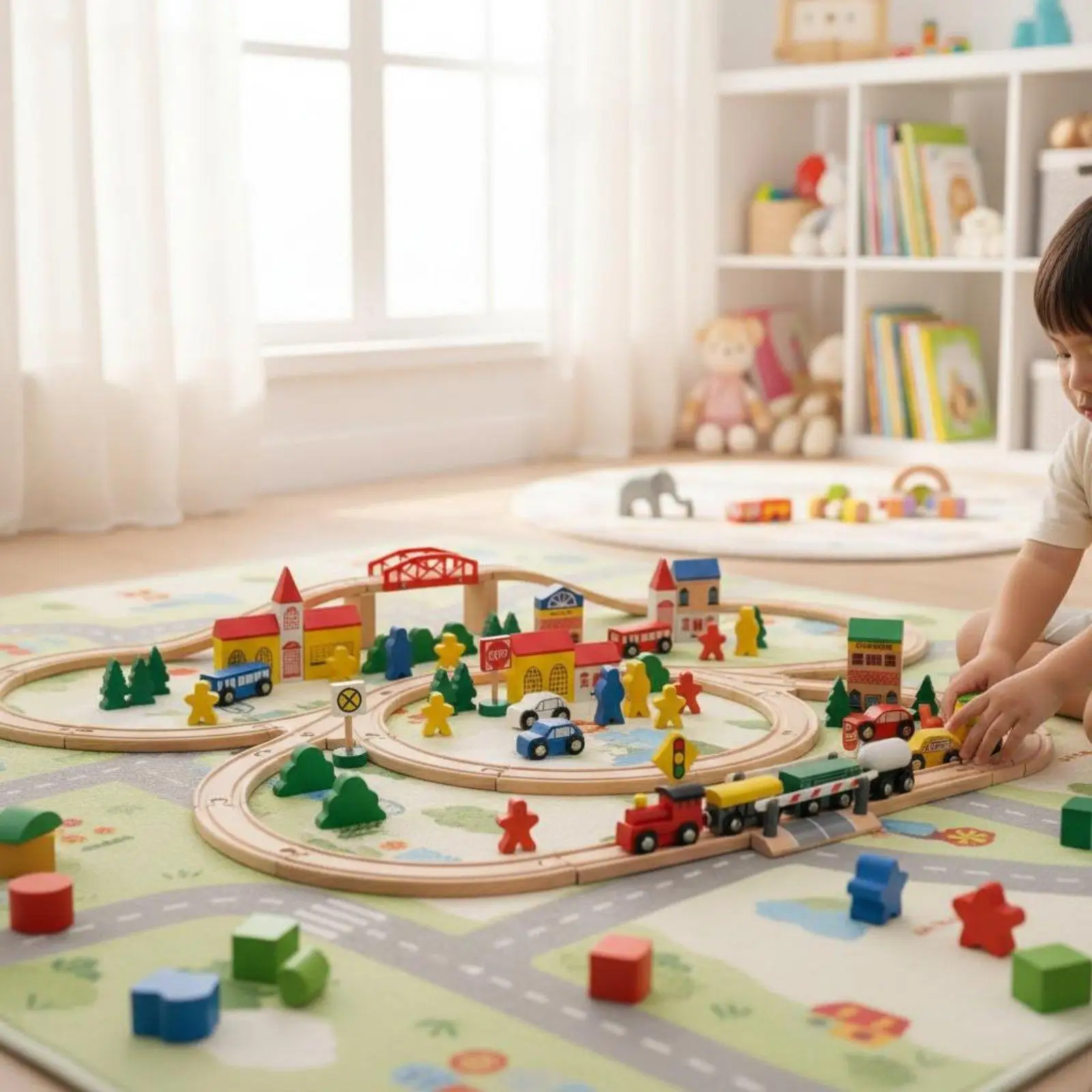 100 Piece Wooden Train Set Educational City Railway Toy Set Connection Townscape Building Blocks for Preschoolers, Young