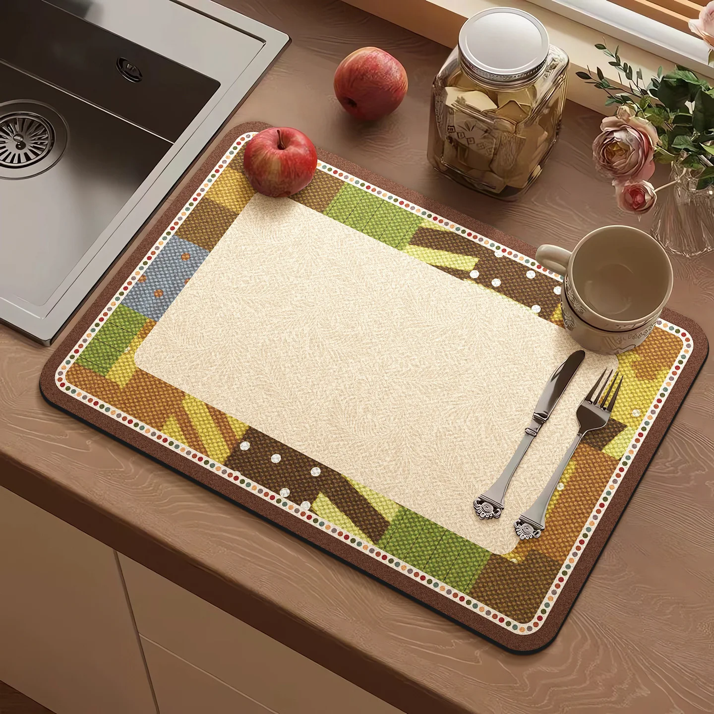 VIKAMA American Vintage Diatomaceous Earth Kitchen Mat, Absorbent Fast Drying Non-Slip Sink Counter Mat, Home Decor