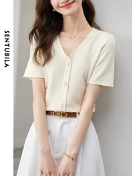 SENTUBILA Elegant Summer Sweater for Women 2024 V Neck Pearl Buttons Short Sleeve Ladies Chic T Shirts Knitted Tops New Knitwear