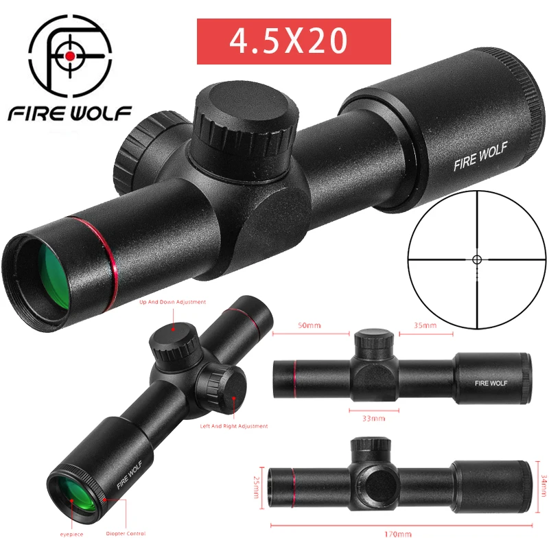 

FIRE WOLF 4.5X20 Hunting Rifle Scope Tactical Optical Sight P4 Reticle Riflescope With Flip-open Lens Caps and Rings