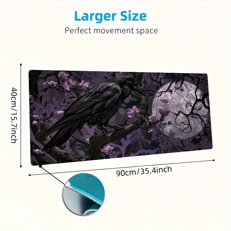 Gothic Raven Moonlit Night Mauspad, Faser, Blumenmuster, schwarzer Zweig, Büro, Gaming, mystisches Schreibtischzubehör, Schreibtischunterlage, erweitertes Pad