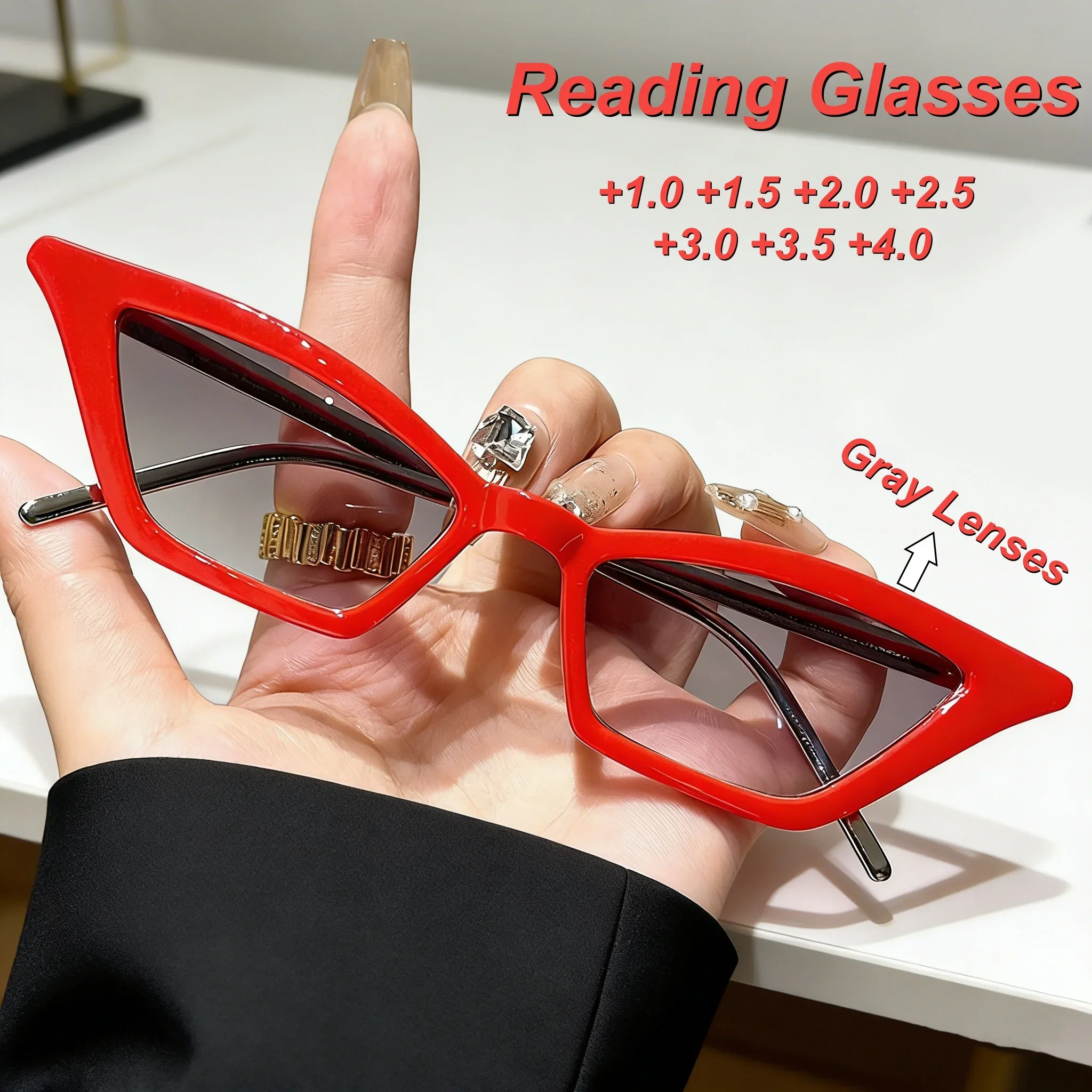 

New Personalized Triangle Cat Eyes Women's Reading Glasses Retro Neutral High Quality Grey Tea Colored Lens Sunscreen Glasses