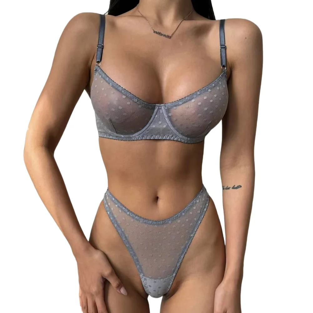 

Krasapt Two Piece Sexy Polka Dot Transparent Ultra Thin Sheer Mesh Underwire Brassiere And G-String Lingerie Set Lenceria Mujer