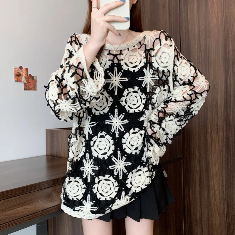 Suéter de malha de crochê com margaridas, manga longa, transparente, malha aberta, pulôver para mulheres, adolescentes, saída boho, roupa de praia