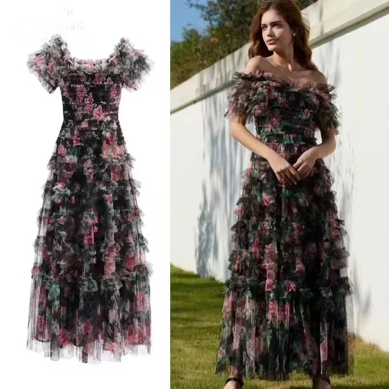 Luxury French Summer Mesh Gorgeous Flower Print Holiday Long Dress Women Slash Neck Elastic Waist Ruffles Boho Vestidos Dresses