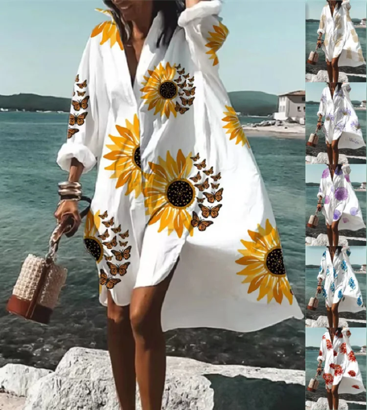 

Spring/summer 2023 New Hot Selling Casual Fashion Women's Loose Digital Printing Long Sleeve Polo Neck Shirt Dress