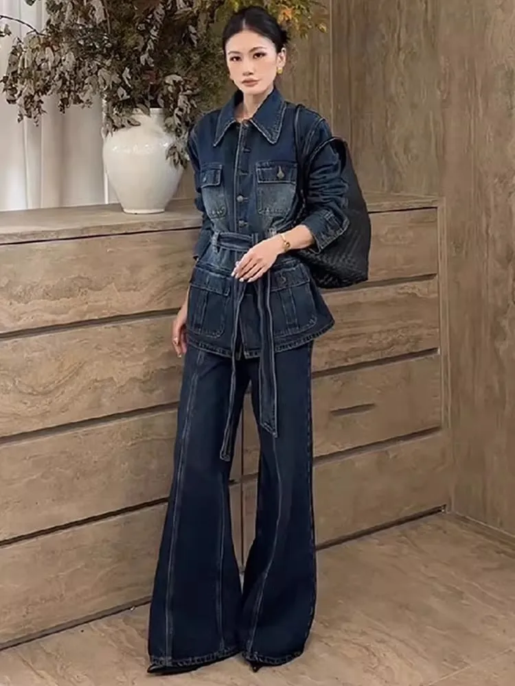 الخريف متعدد جيب الزنانير النساء الدنيم سترة مجموعات طويلة الأكمام كاوبوي دعوى سترات طويلة قطعتين مجموعة واسعة الساق كامل طول بانت