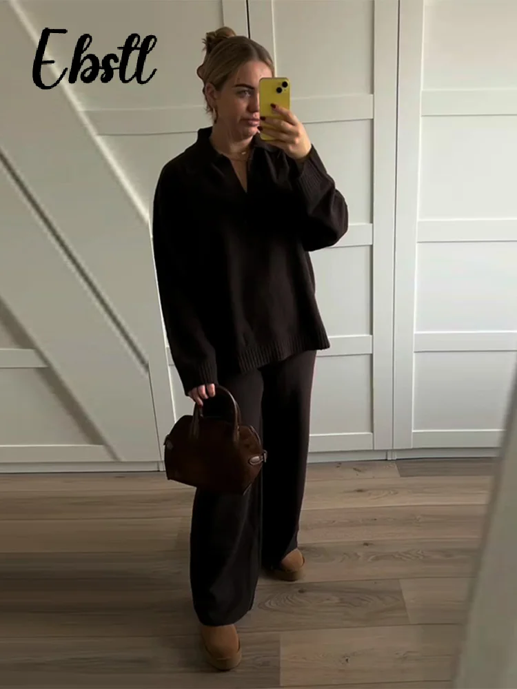 Lapela de malha pulôver calças terno feminino sólido com decote em v manga cheia blusas perna larga calças compridas 2025 outono nova senhora outfits