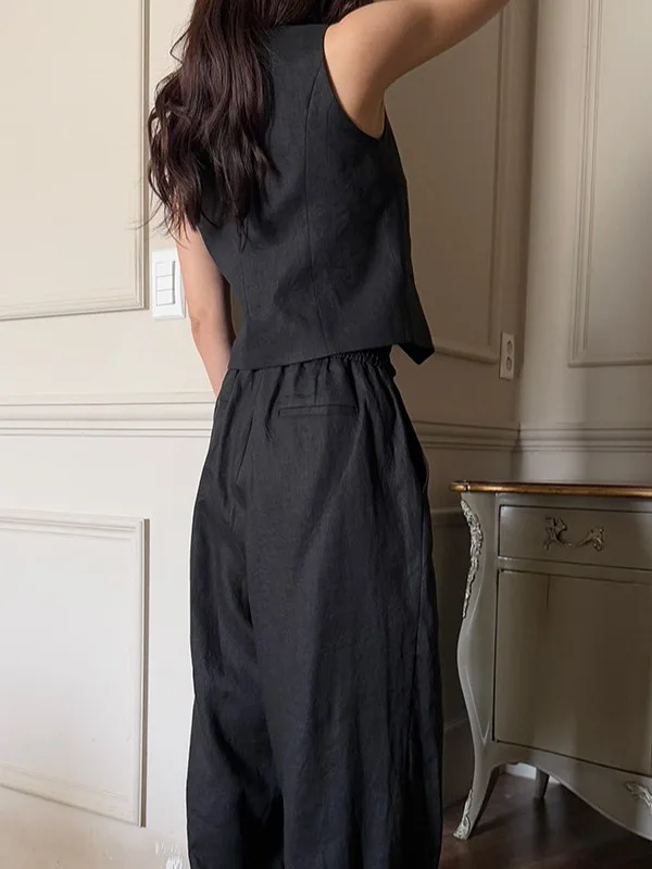 

Ele кружевной жилет с кисточками, повседневные брюки с высокой талией, комплект из двух предметов, женский летний новый свитер в стиле ретро в стиле пэчворк, трикотаж