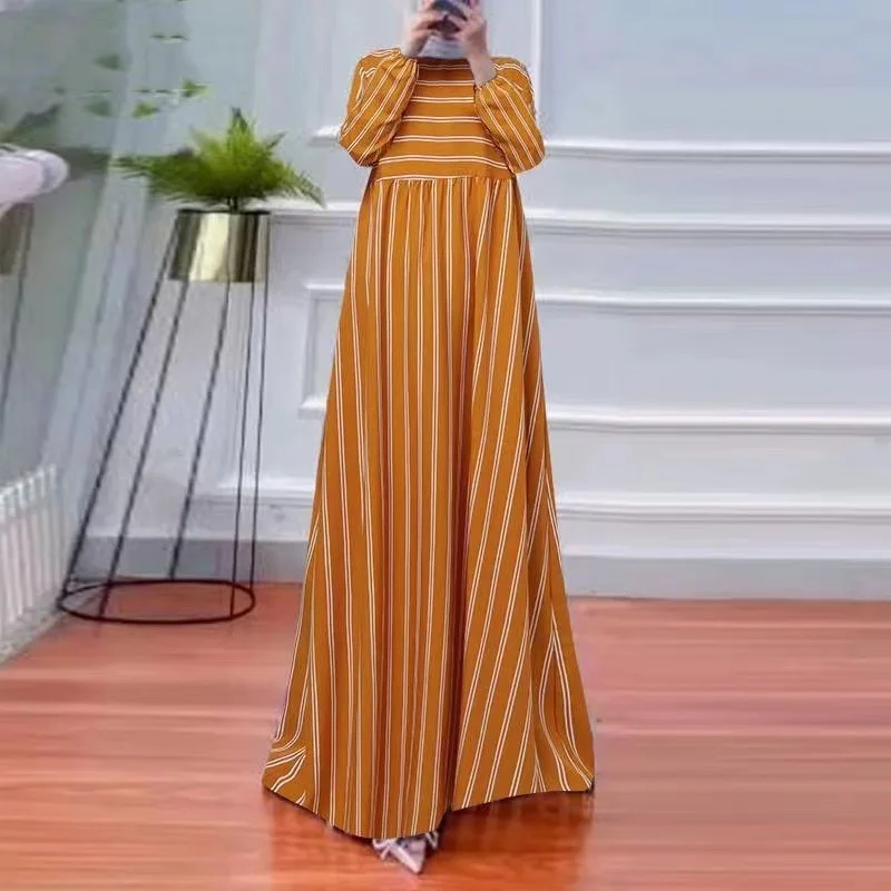 2024 Islam Abaya Dress Middle East Arab Comfortable Casual Stripe Loose Abayas for Women Round Neck Long Sleeved Women's Dress