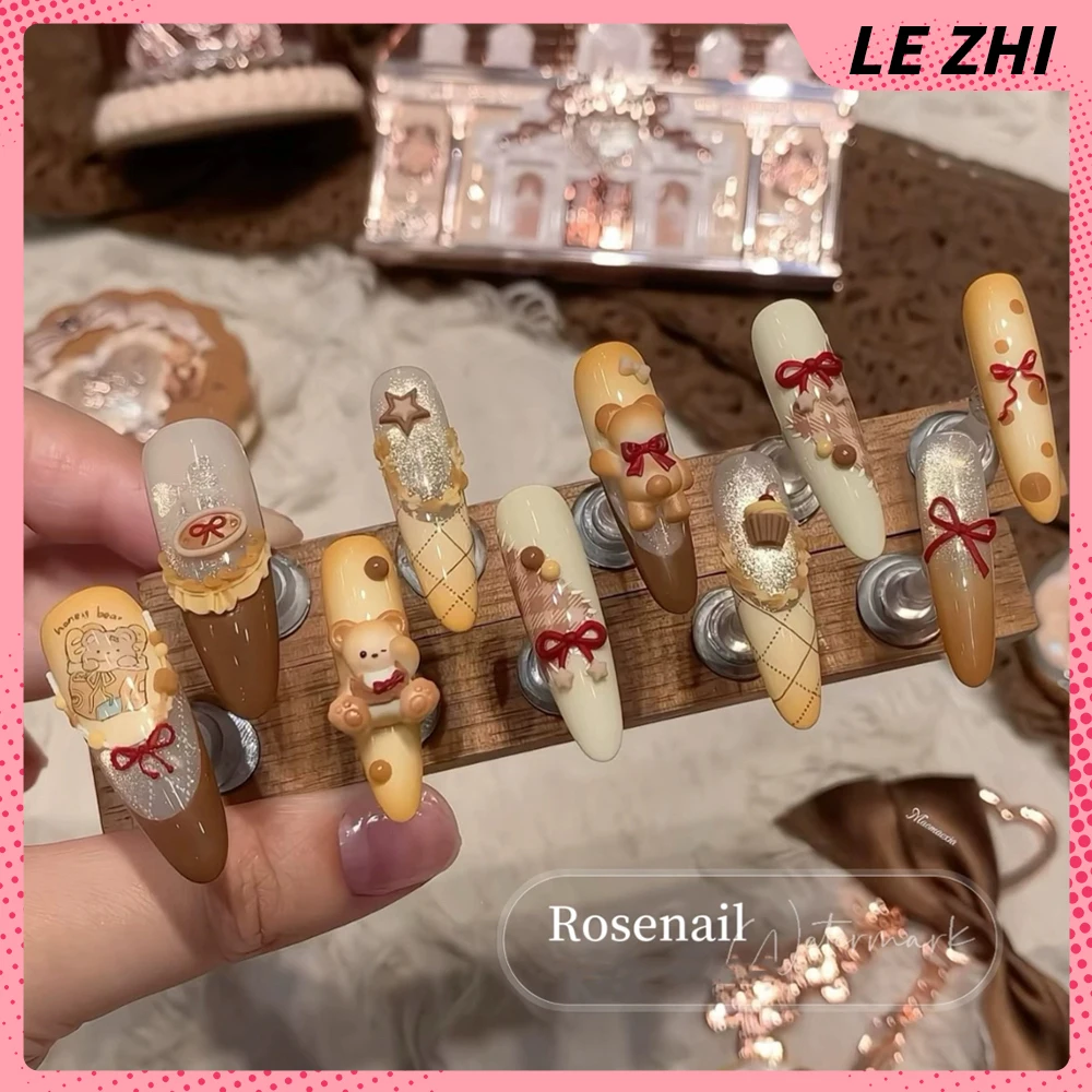 Sweet Kawaii Fashion Cat Bear Handmade Long Coffin Ellipse Fake Nails Bowknot Pearl Diamond Skirt Edge French Press On Nails view 3