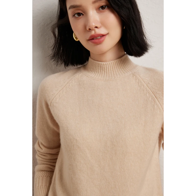 

Women 100% Cashmere Sweater Mock Neck Raglan Sleeve Pullover Autumn Winter Basic Soft Warm Casual Cashmere Knitwear Korean Tops