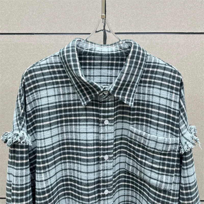 قميص نسائي جديد لخريف 2025 بلوزة نسائية من القطن بأكمام طويلة وشرابة مغسولة وصدر واحد بلوزة نسائية منقوشة y2k