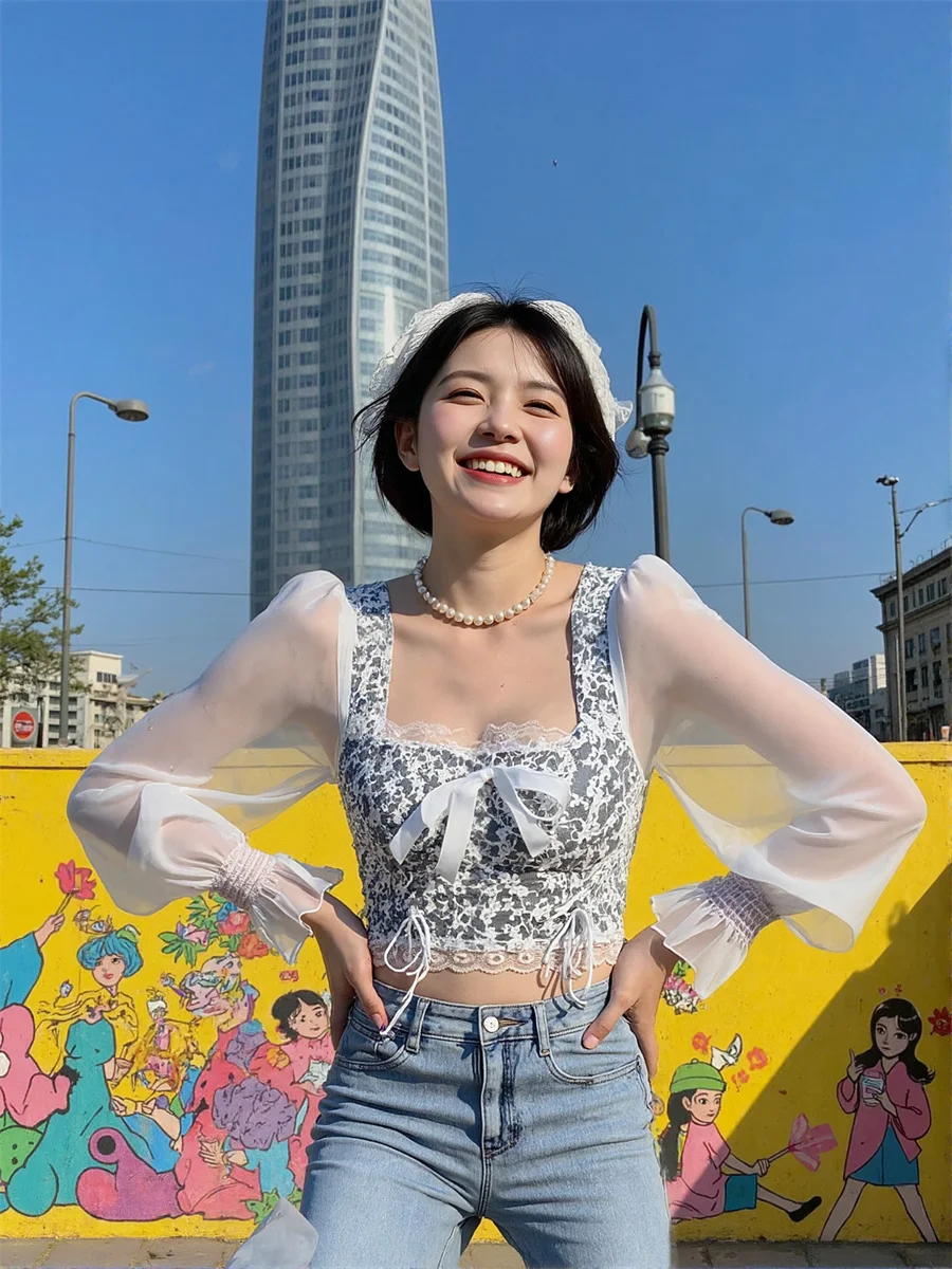 

White Oversized Women'S Cotton Blouses Sunproof Lace Elegant Fashion Short Sleeve Feminine Female Autumn Big Size Party Denim