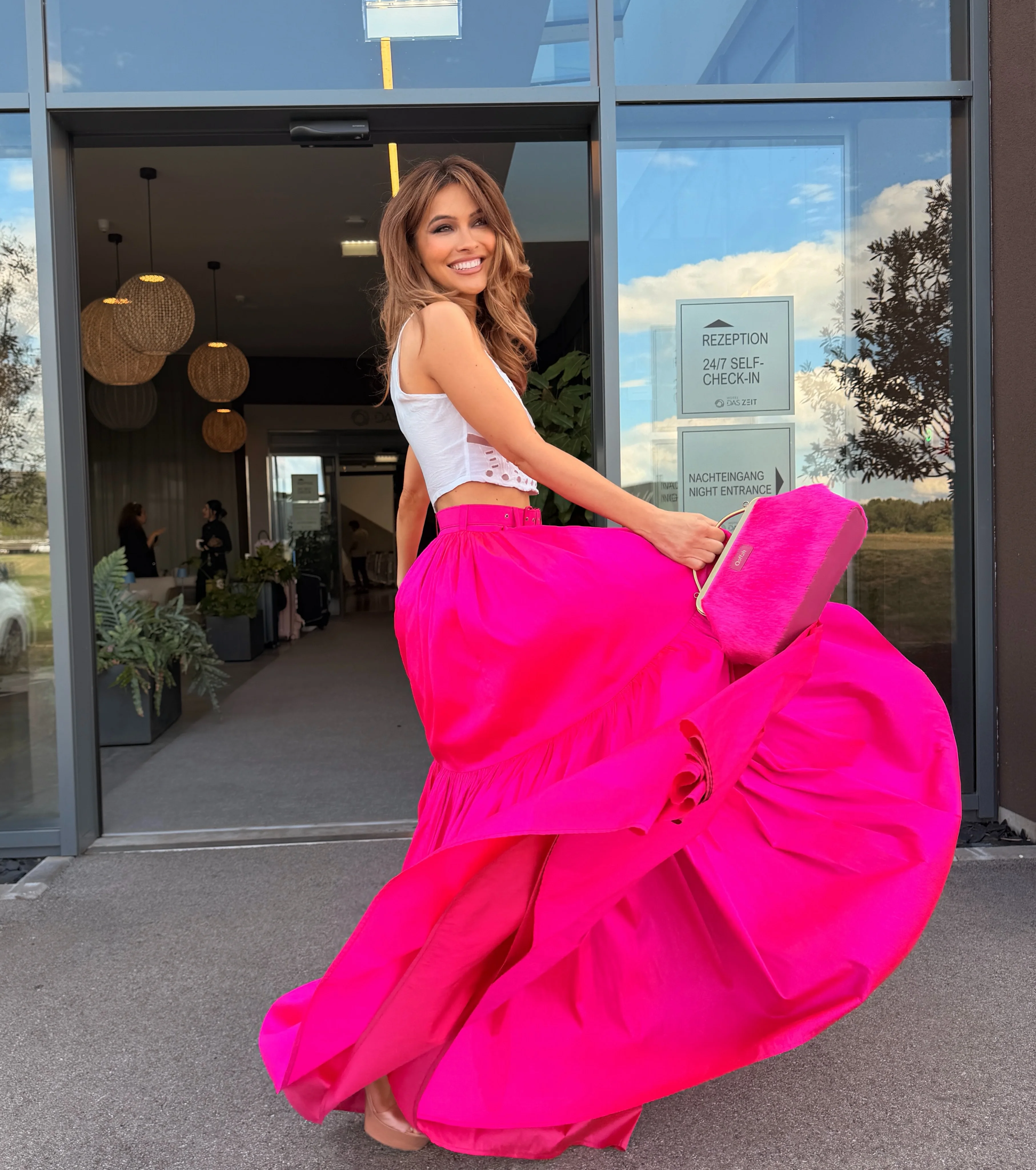 Hot Pink Umbrella Maxi Skirt Women Shirred Long Skirts Fluffy Tiered Flare Party Skirt Solid Color Swing Skirt Oversized Boho