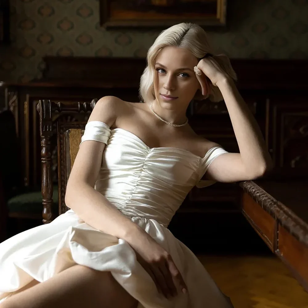 Satin Off Shoulder Hi-Lo Bridal Gown Ruched Bodice Lace Up Back Short Front Long Train Wedding Reception Photoshoot Bride Dress