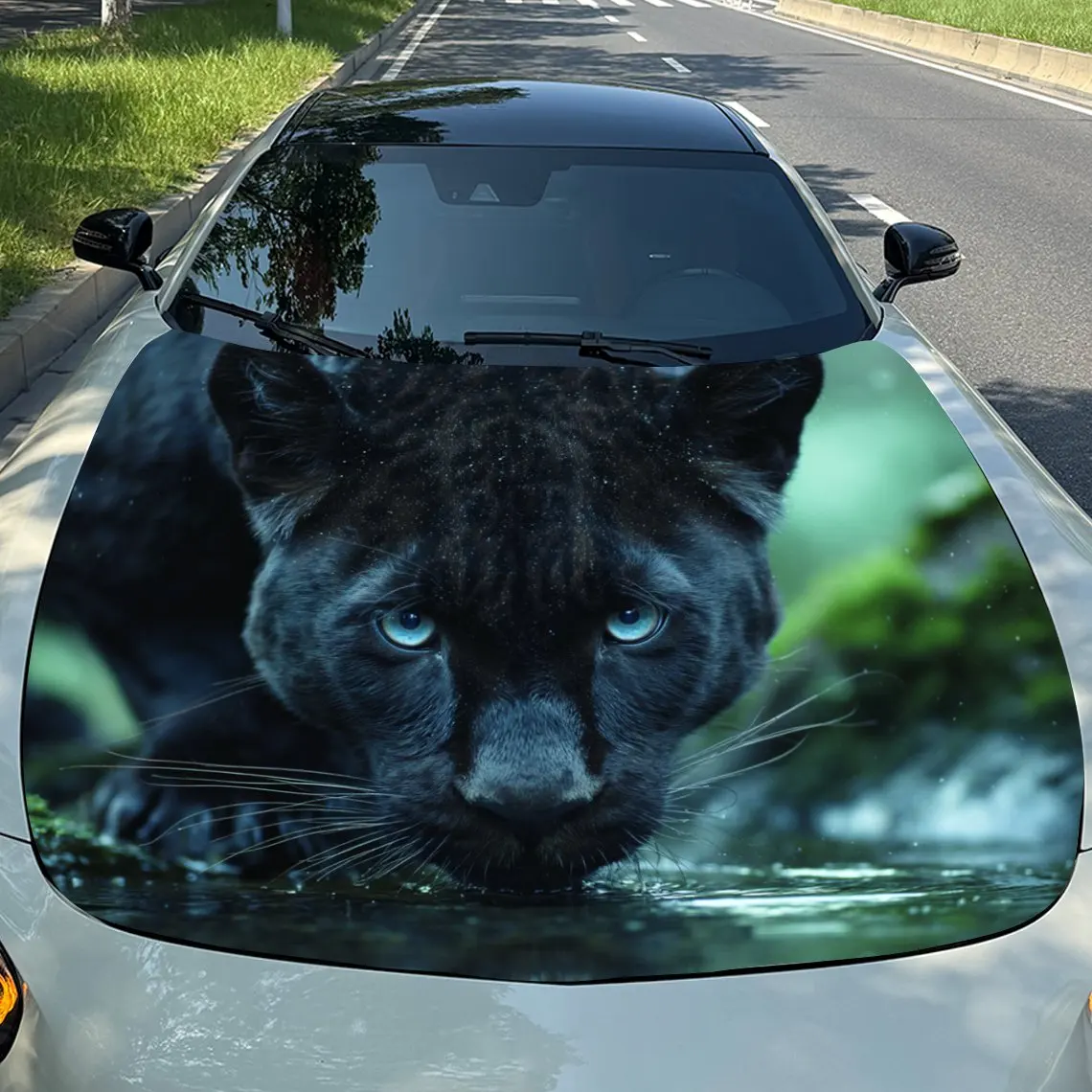 

Blue Eyed Panther Car Vinyl Wrap, PVC Waterproof Car Hood Sticker, Self-Adhesive Scratch-Resistant Stickers For Engine Cover, Ca