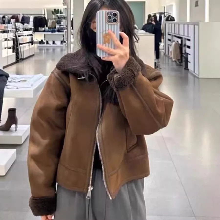 Autumn Winter New Women's Lamb Velvet Suede Marbled Fur Collar Jaet Coat Street Sle Straight Cut Regular Length Outerwear