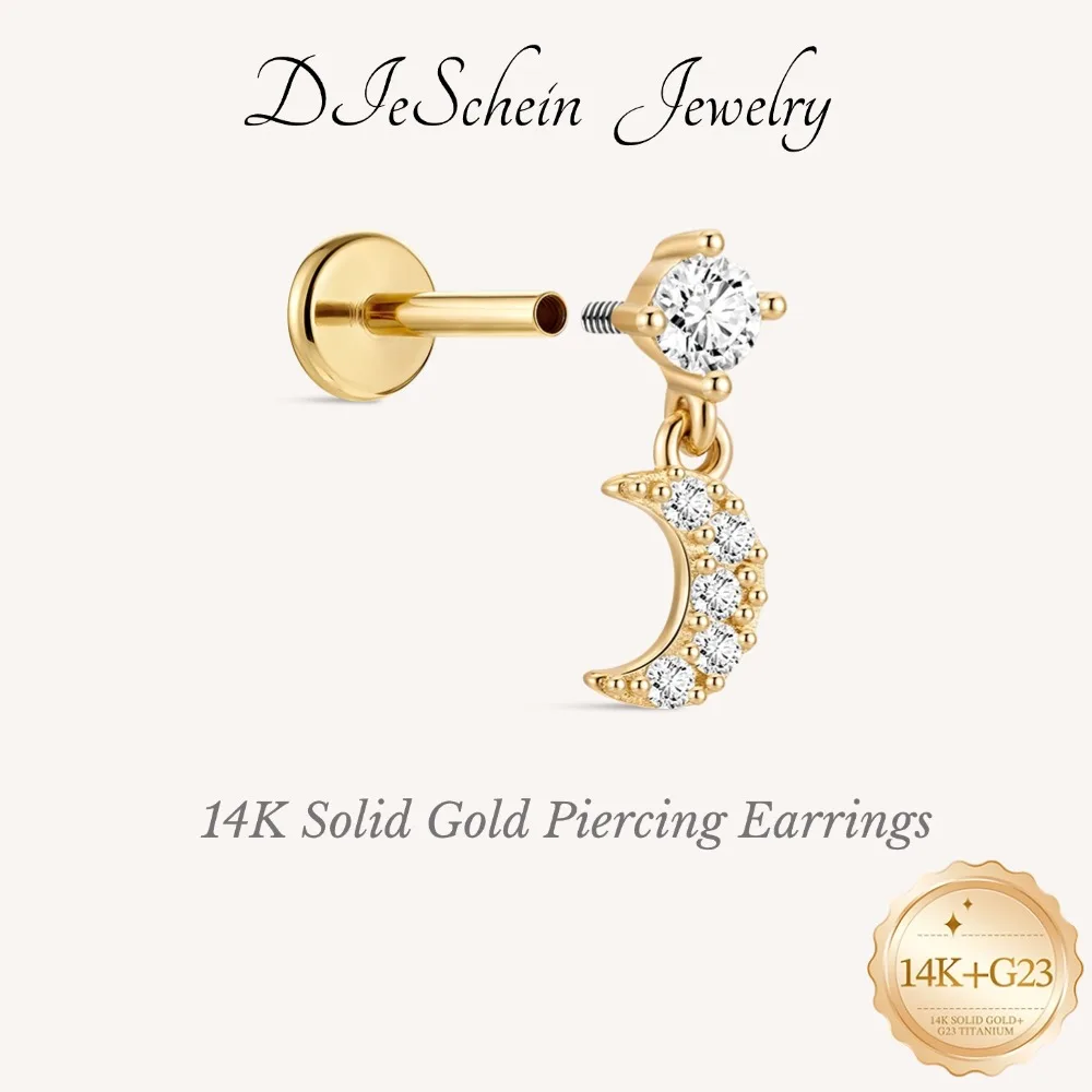 DIeSchein 14K Solid Gold Piercing Earrings Women Luxury Fflat Back Eearrings Gold 14k for Helix Tragus Daith Piercings Kid Gift