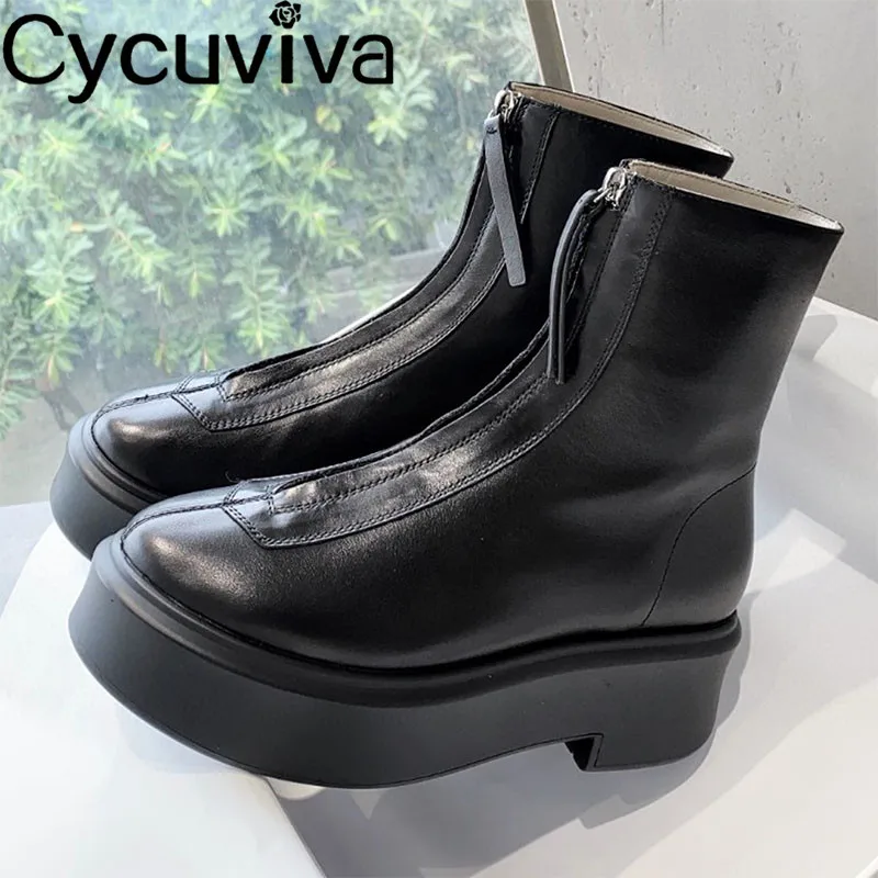 

Winter Genuine Leather Chelsea Boots Women Front Zipper Black Platform Ankle Boots Chunky Heel Motorcycle Knight Boots for Women