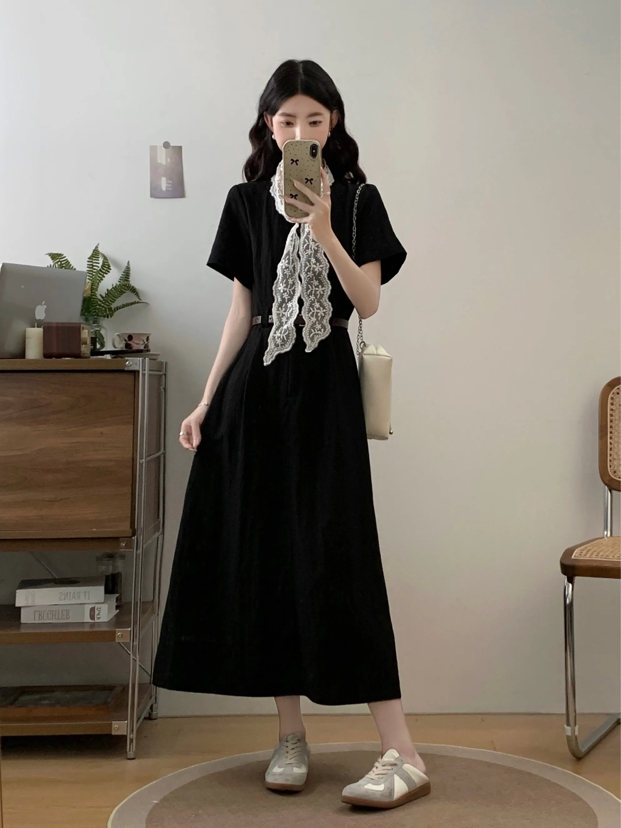 

plus Size Women's Korean Sle Bla Lace Splice ort Sve Dr Summer New Waist Cinching Knee-Length A-Line Dr