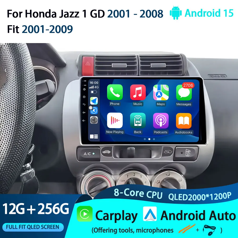 Android 15  GPS 4G CarPlay For Honda Jazz 1 GD 2001 - 2008  Fit 2001-2009 2K QLED Stereo Car Radio Multimedia Video Player