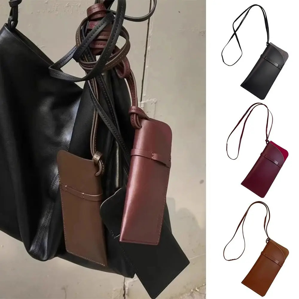 

PU Leather Sunglasses Storage Bag Solid Color with Lanyard Hanging Sunglasses Portable Durable Sunglasses Pouch