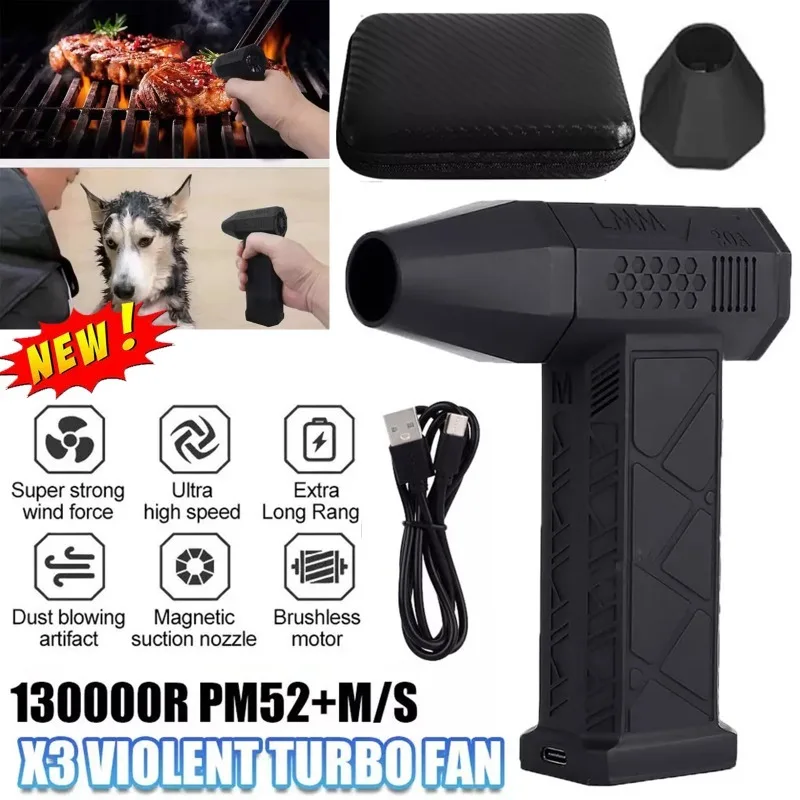 Turbo Powered Mini Violent Blower 130000 RPM Brushless Turbo Jet Fan with High-Speed Bearing 13 Stainless Steel Blades 52m/s Strong Wind Cordless Rechargeable Electric Air Duster Portable Dust Cleaner for PC Keyboard Camera Car Interior Pet Drying