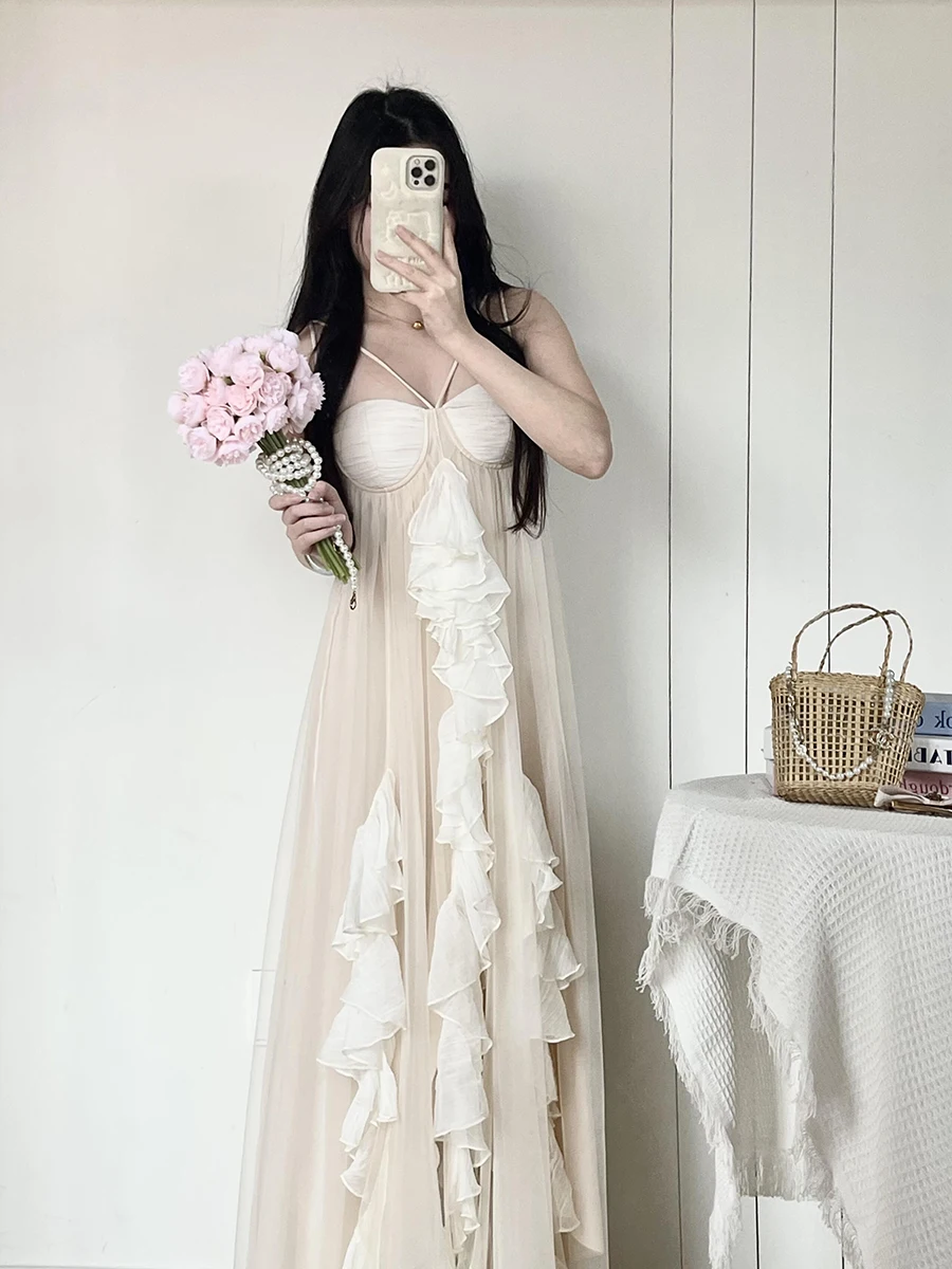 Reddachic fairycore chiffon flowy vestido feminino de uma peça plissado em camadas camisola espartilho maxi vestido longo verão vestido de festa de casamento