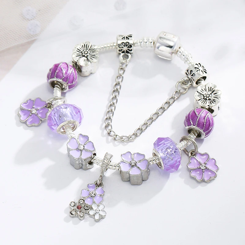 Boosbiy Purple Flower Beads With Pendant Snake Chain DIY Brand Charm Bracelet For Women Jewelry Gift New Desgin