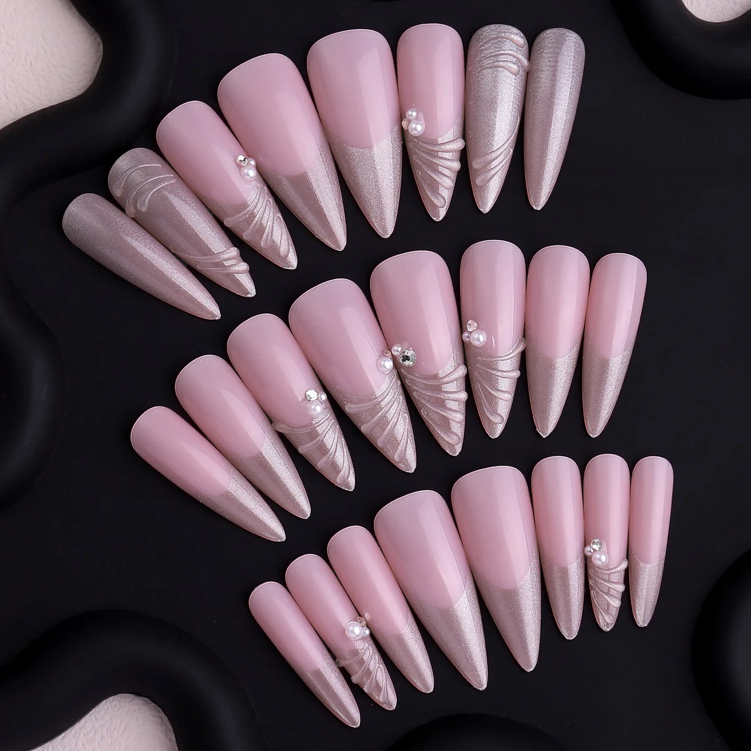 24 قطعة ضغط اللوز الطويل على الأظافر تصميم اللؤلؤ بريق الترتر الفرنسية وهمية مسمار نصائح يمكن ارتداؤها الحلو الكورية أيضًا بقع الأظافر #3