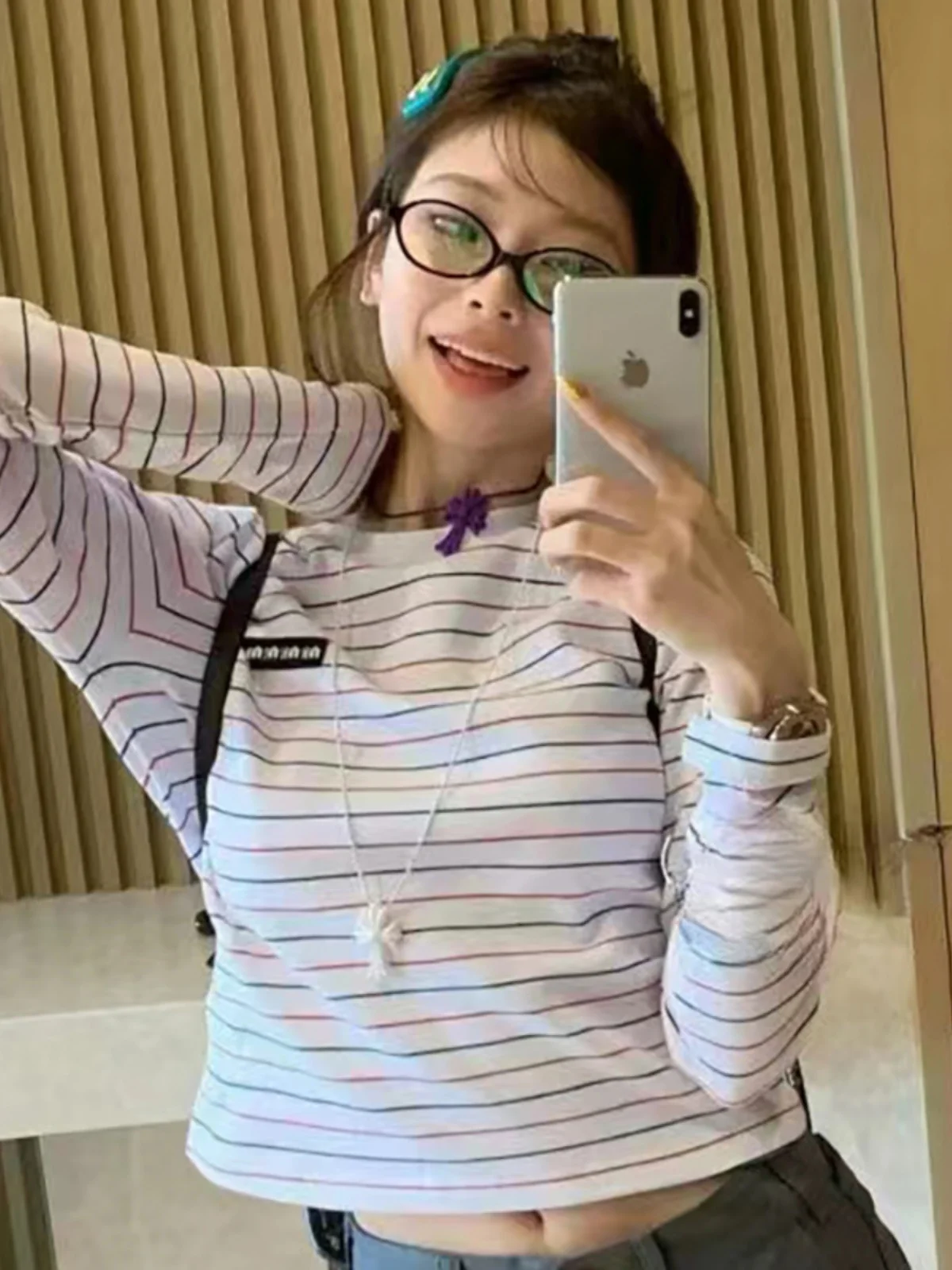 

Облегающая полосатая футболка Long Sve, женская осенняя новинка Sle с буквенным логотипом South Oil H06, классический узор, смесь хлопка и полиэстера