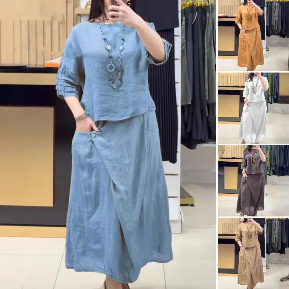 

Women Casual Brown Linen Outfits Dress Suit Fashion Blouses Elastic Waist Skirt Set 2025 Spring Loose Outfit Female Summer