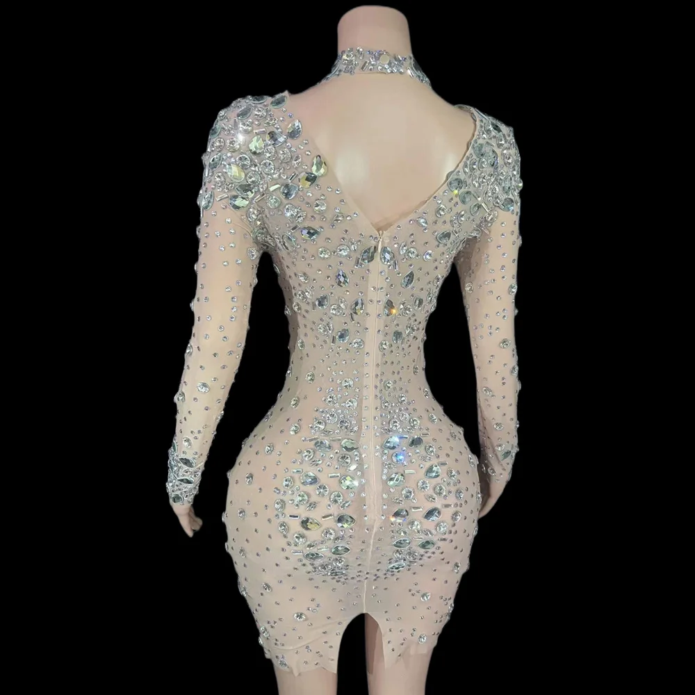 Nude Shining Crystal Rhinestones Long Sleeves Sexy Dress For Women Evening Party Clothing Stage Singer Costumes Birthday Wear