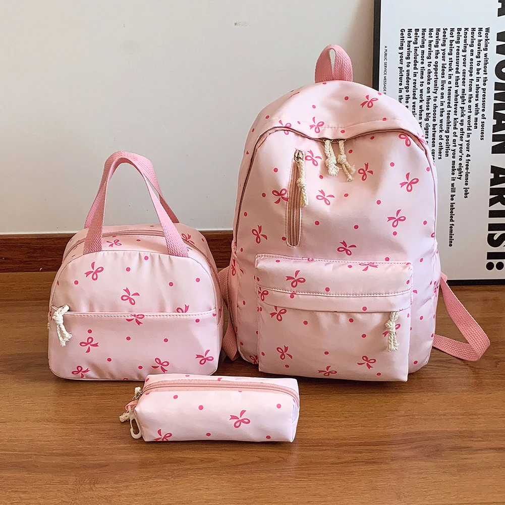 Zaino estetico con stampa fiocco da 3 pezzi/set con borsetta e astuccio per studenti per ragazze adolescenti