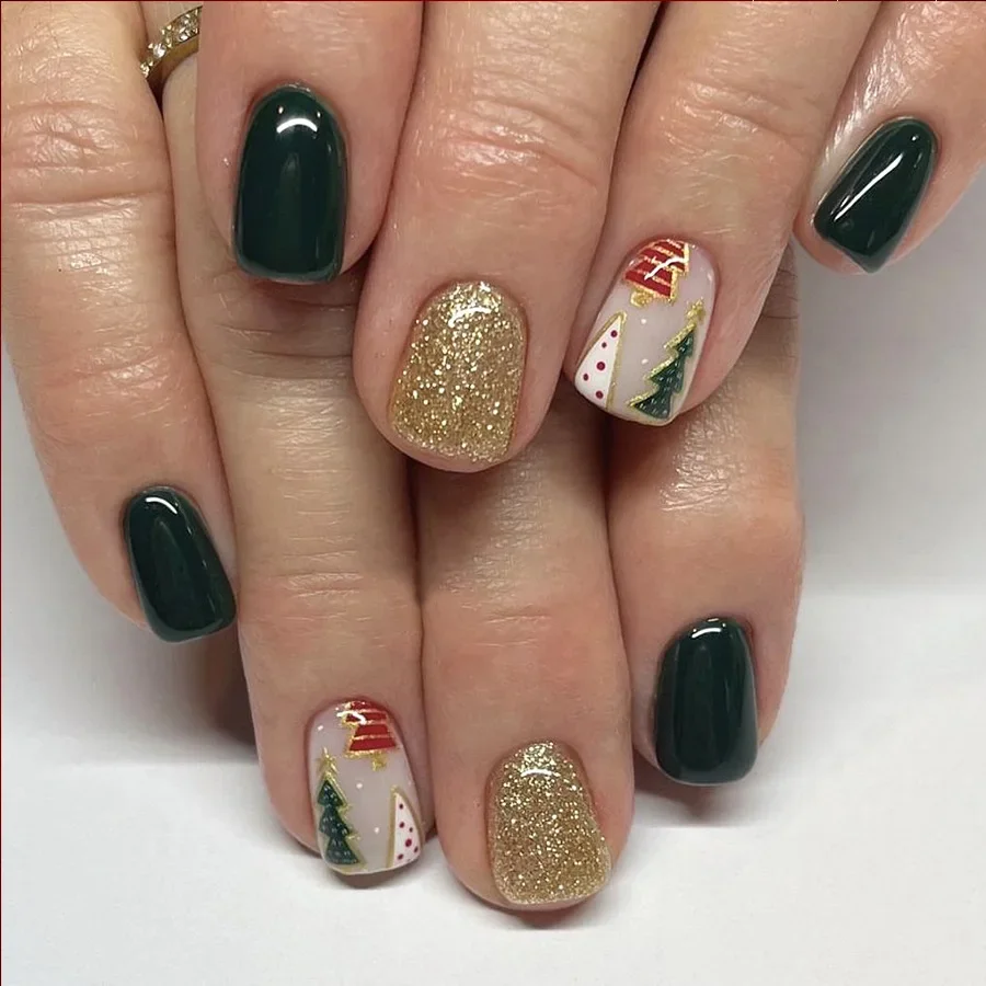 24 pçs curto árvore de natal unhas falsas com pó cintilante dos desenhos animados arte do prego imprensa em unhas acrílicas bonito presente de natal para a menina