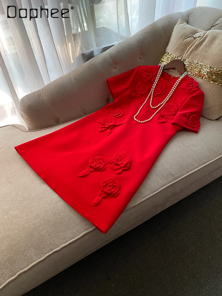 Robes de soirée de tempérament élégant fleur tridimensionnelle à manches courtes Simple Style classique Mini robe femmes robes trapèze