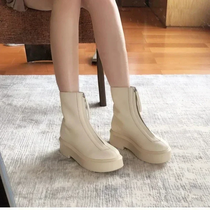 Female 2024 Autumn/Winter Front Zipper Leather Thick Sole Ankle Boots British Style Thick Heel Fashion Plush Women\'s Short Boot