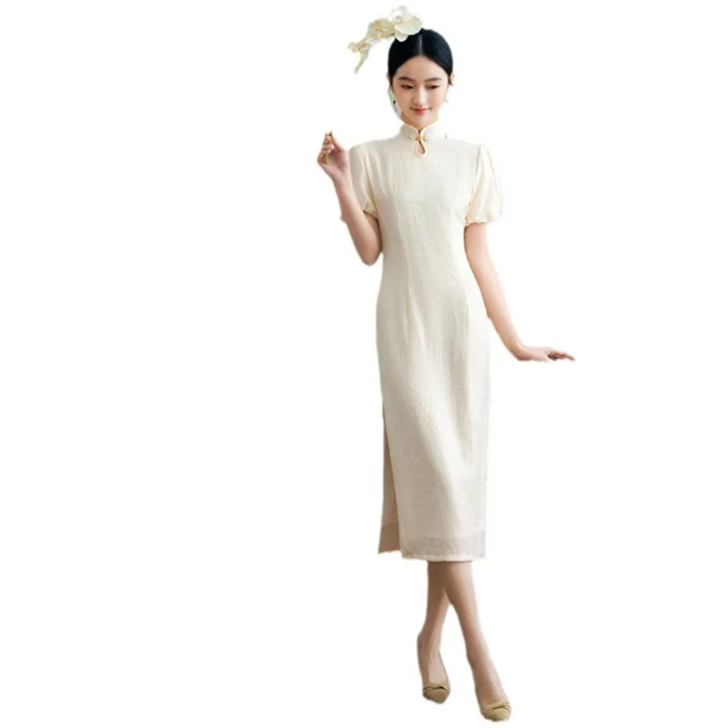 Improved New Chinese Style Lantern Sleeve Cheongsam Qi Pao Spring and Summer Jacquard Girl's