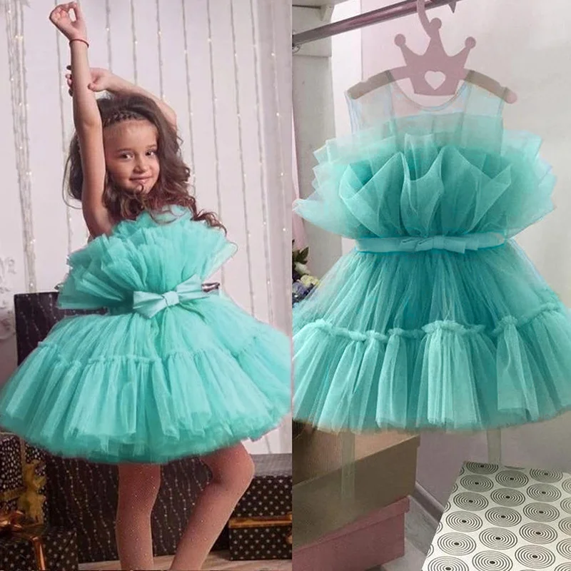 

Cute Flower Girl Dresses Tutu Baby Ball Gowns Sheer Crew ShortGirls Pageant Dress Toddlers Wedding Dress First Communion Gowns