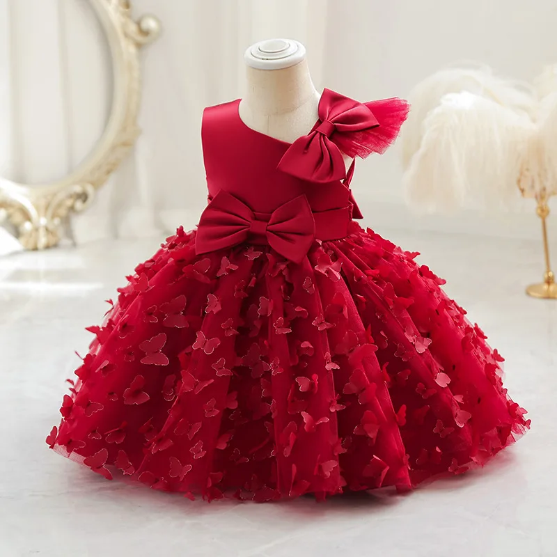 Vestido de festa borboleta 3D para meninas, vestido de dança para bebê criança bowknot, 12M a 7 anos