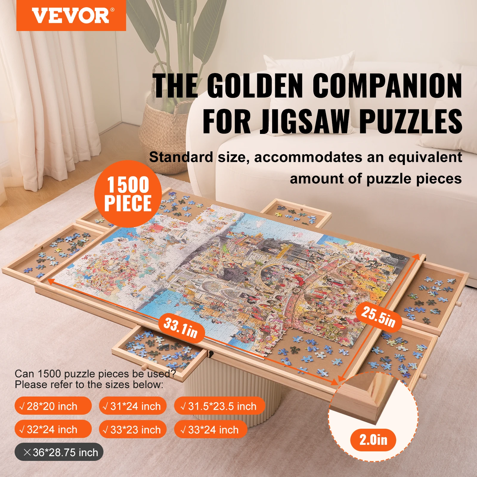 VEVOR 1500 Piece Rotating Puzzle Board Wooden Jigsaw Puzzle Table with 6 Drawers and Cover for Adults and Kids