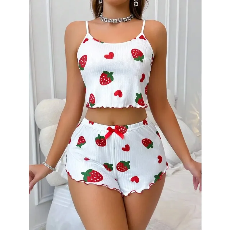 Strawberry Print Womens Cami Top and Shorts Pajama Set Ruffle Trim Loungewear for Home Wear