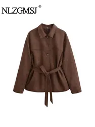 TRAF 2024 Autumn Women Fashion Dark Brown Vintage Jacket Women's Turn-down Collar Loose Long Sleeve Belt Coat