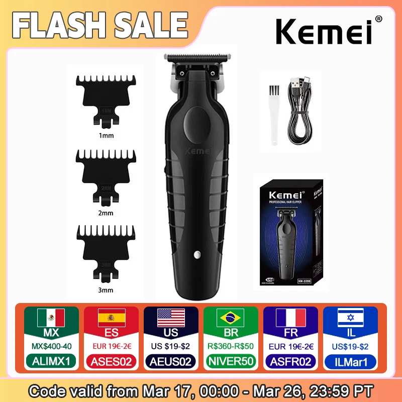 Kemei 2299 Barber Cordless Hair Trimmer 0mm Zero Gapped Carving Clipper Detailer Professional Electric Finish Cutting Machine