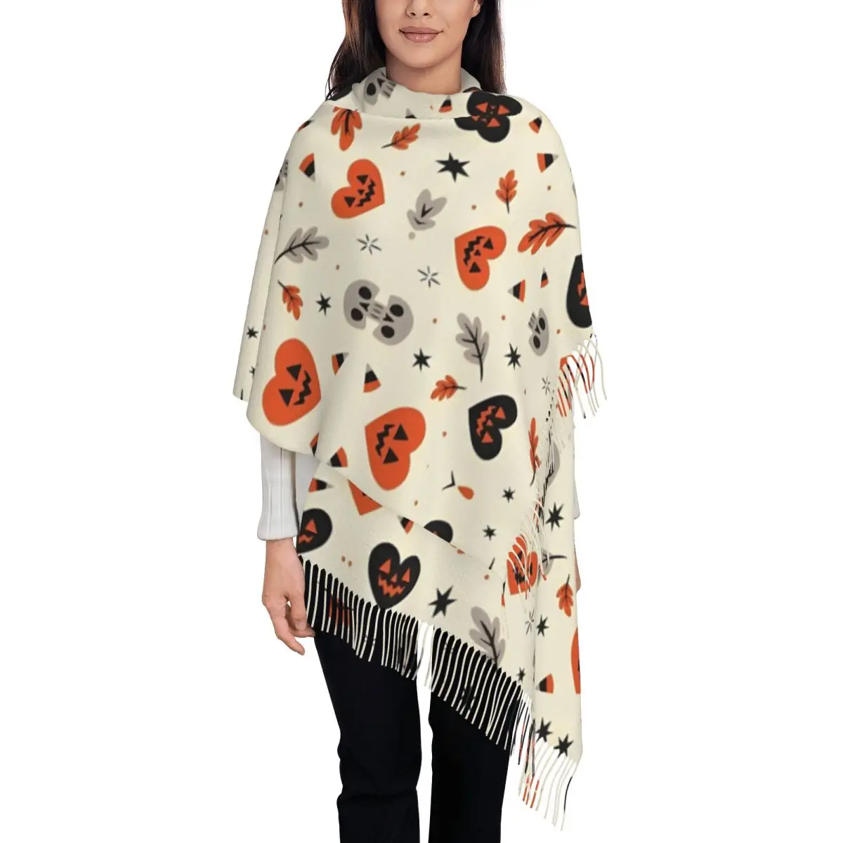 Halloween Pumpkins Ghosts Scarf for Womens Winter Shawl Wrap Trick or Treat Kawaii Long Large Scarves with Tassel for Daily Wear