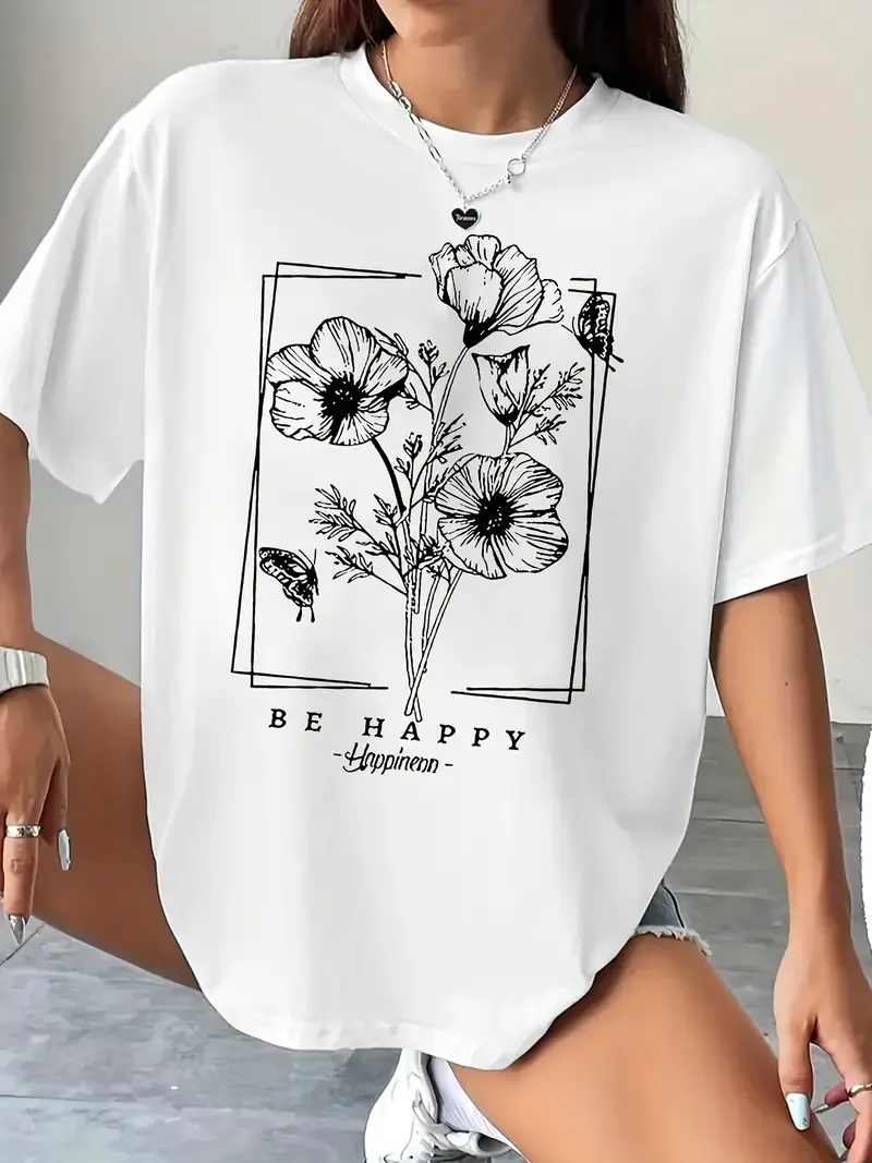 Plus Size Women's Plus Size Oversized T-Shirt - BE HAPPY Floral & Butterfly Print Casual Short Sleeve Round Neck Top
