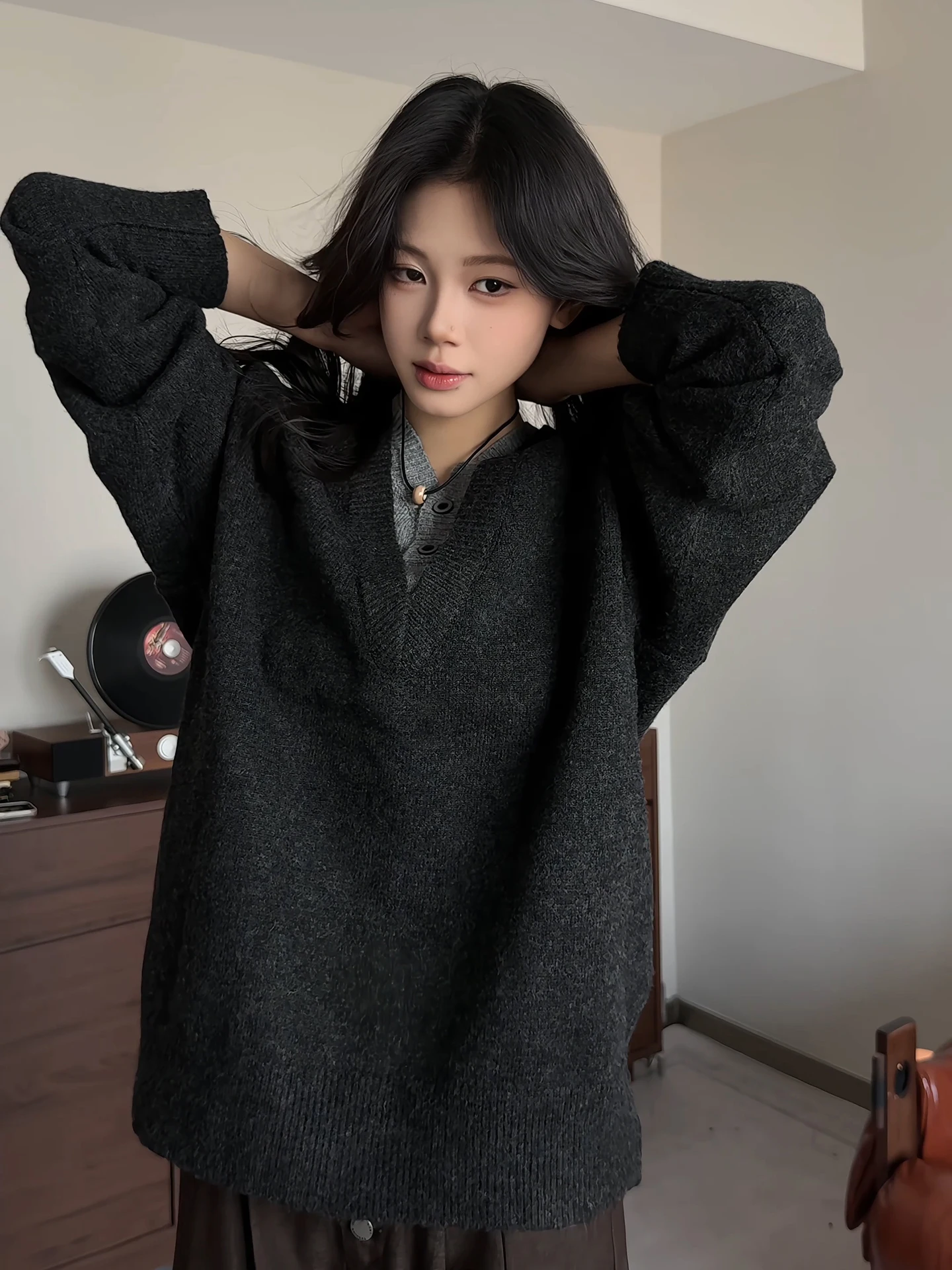 

Мужской вязаный свитер с глубоким глазом и V-образным вырезом, осень-зима, свободный крой, искусственный двухсекционный, удобный, теплый, дышащий